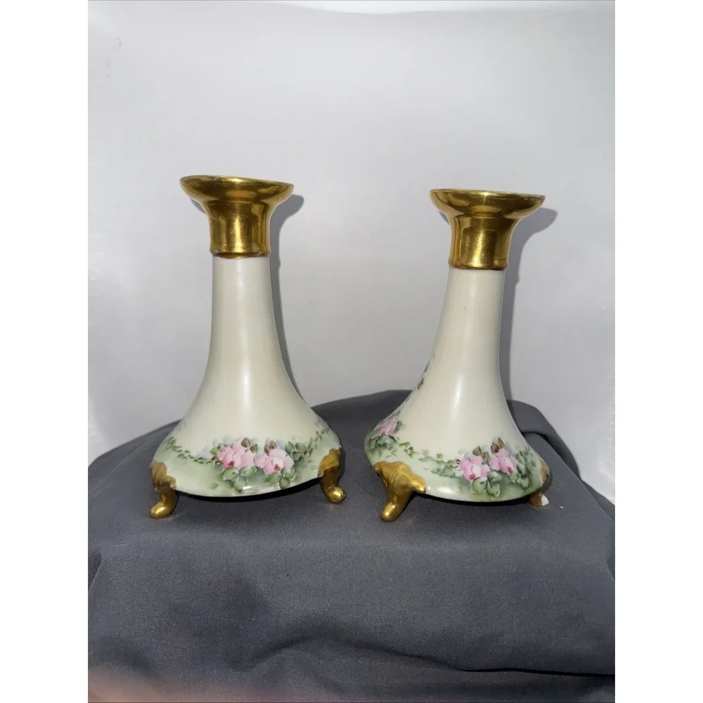 Limoges France Hand Painted Porcelain Candlesticks Gold Gilt Floral VTG Signed